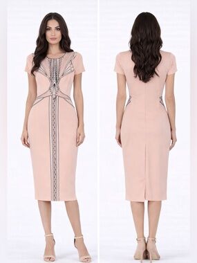 bebe Blush Pink Embroidered Midi Sheath Dress